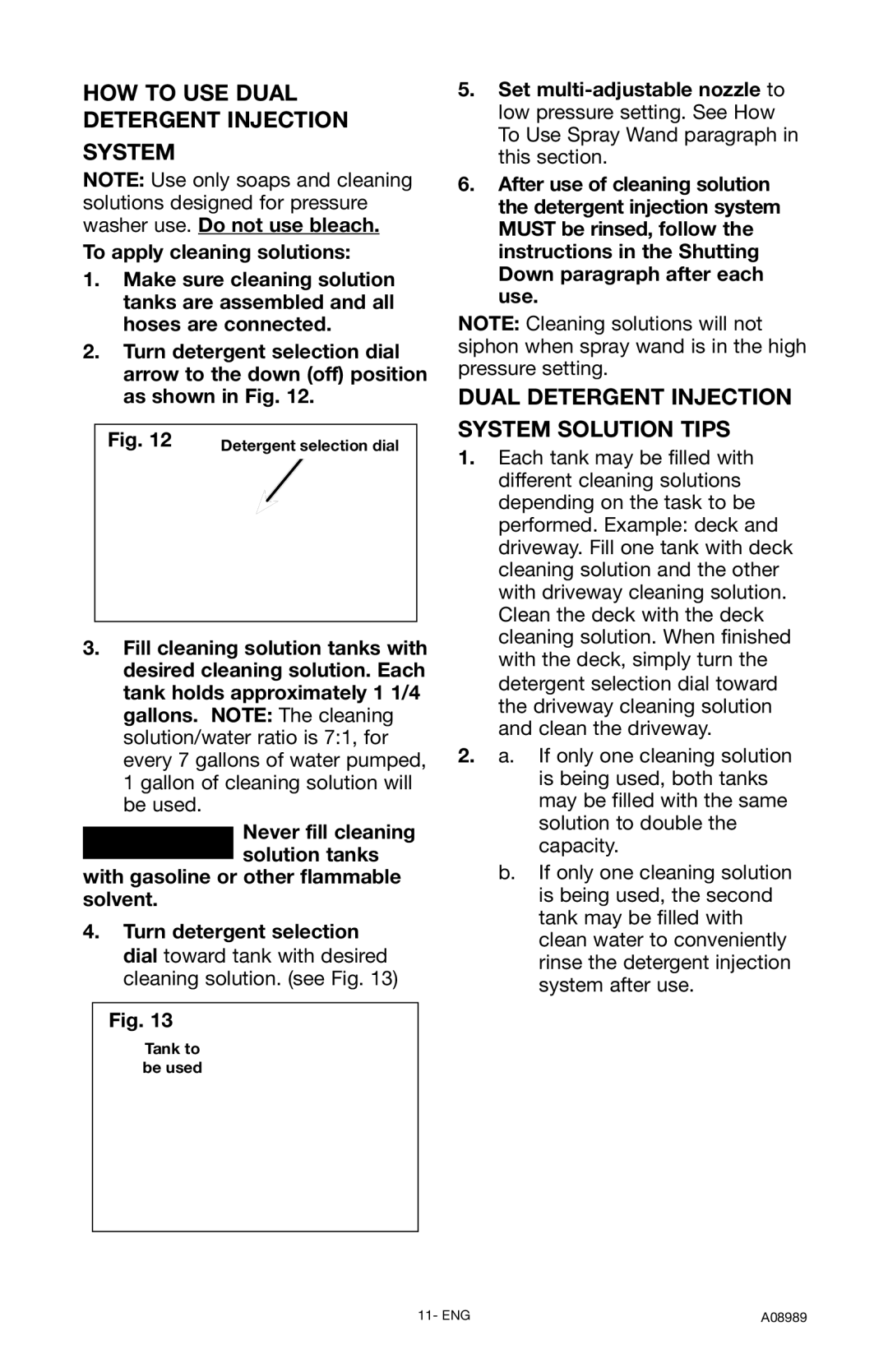 DeVillbiss Air Power Company A08989, S2600 important safety instructions HOW to USE Dual Detergent Injection System 