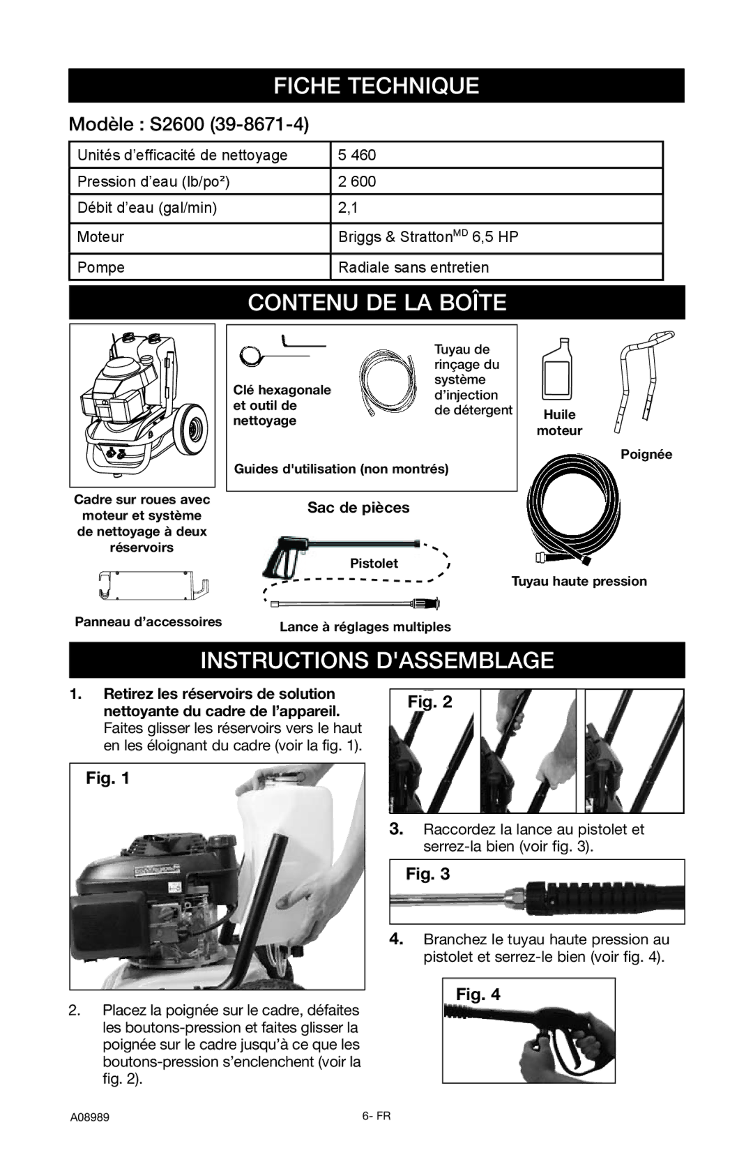 DeVillbiss Air Power Company S2600, A08989 Fiche Technique, Contenu DE LA Boîte, Instructions Dassemblage, Sac de pièces 