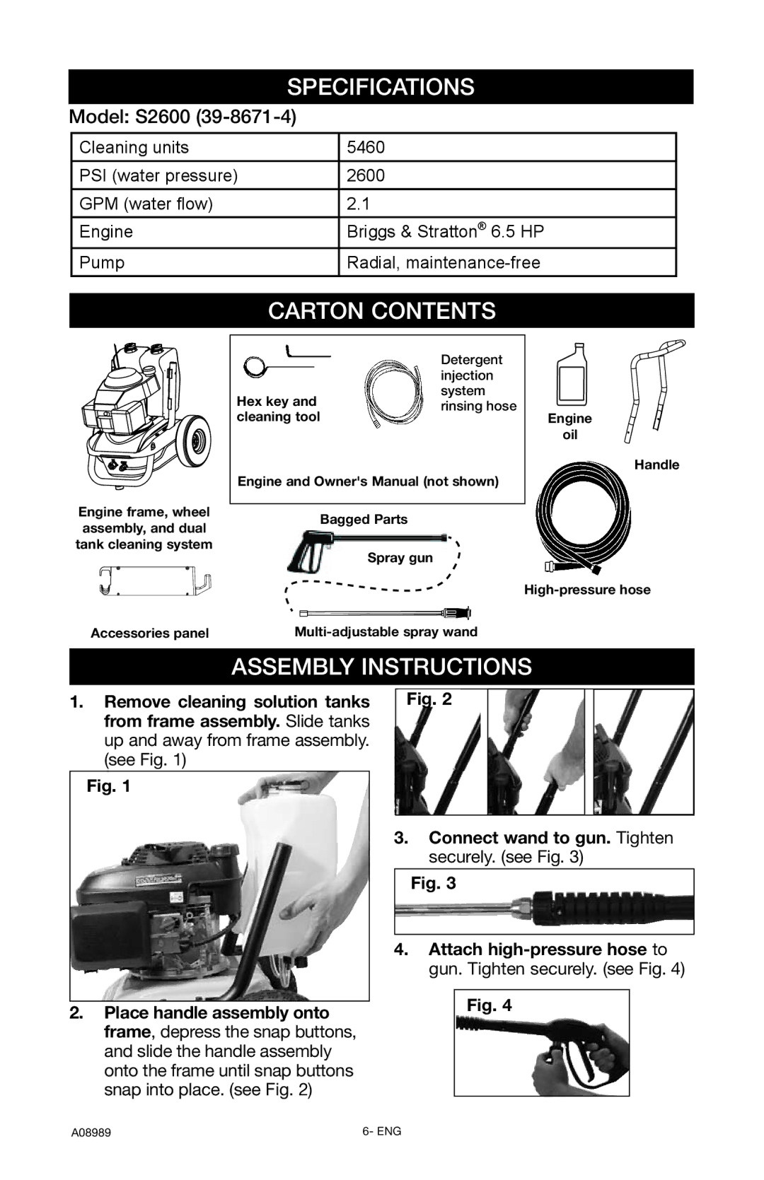 DeVillbiss Air Power Company S2600, A08989 Specifications, Carton Contents, Assembly Instructions 