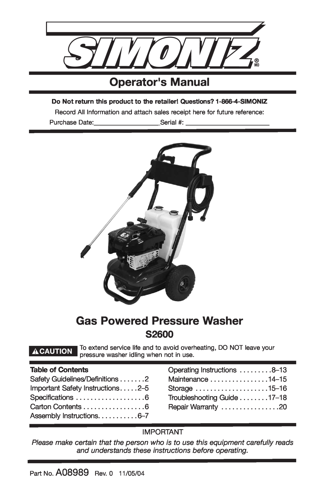DeVillbiss Air Power Company A08989 important safety instructions Operators Manual, S2600, Gas Powered Pressure Washer 