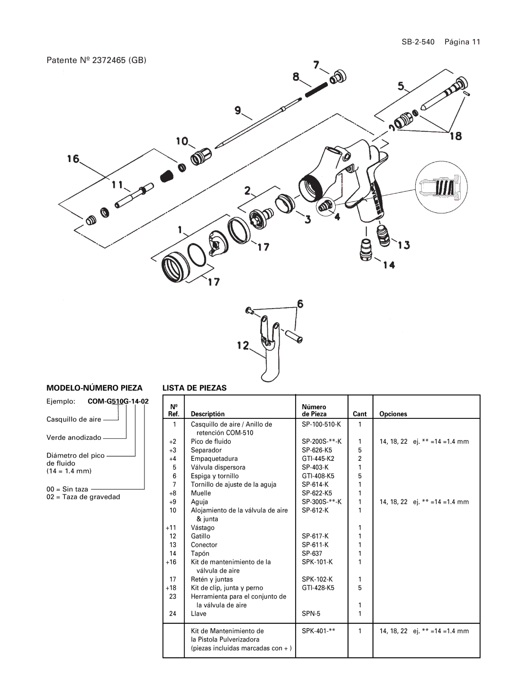 DeVillbiss Air Power Company SB-2-540 Página, Ejemplo COM-G510G-14-02, Número Descriptión De Pieza, Opciones, Cant 