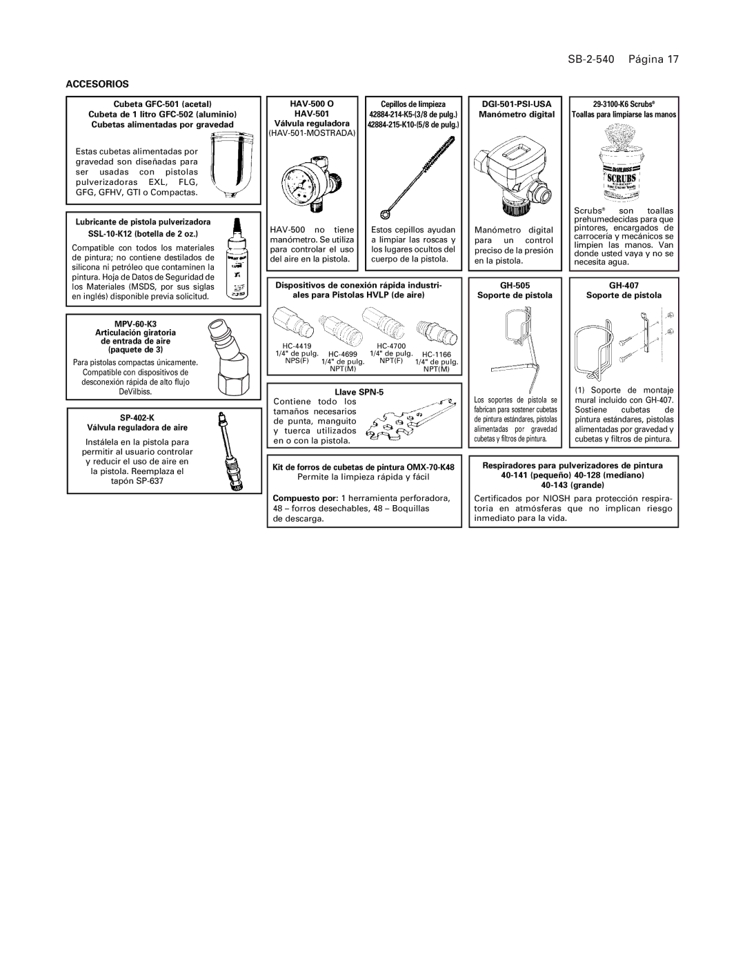 DeVillbiss Air Power Company SB-2-540 operation manual Accesorios 