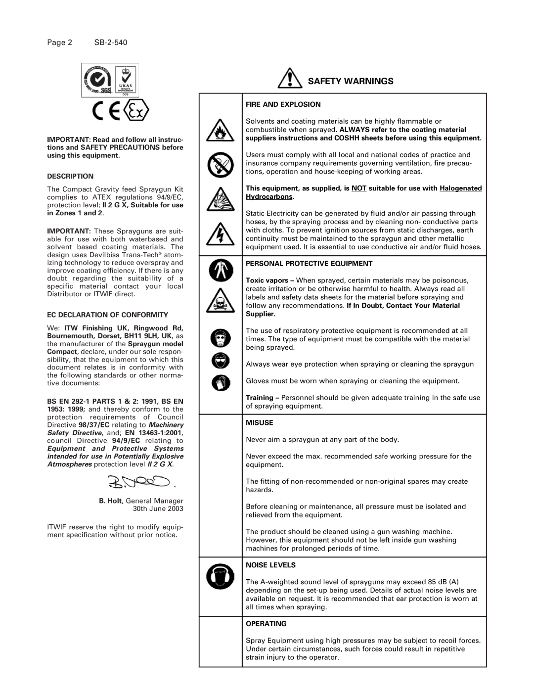 DeVillbiss Air Power Company SB-2-540 Description, EC Declaration of Conformity, Fire and Explosion, Misuse, Noise Levels 