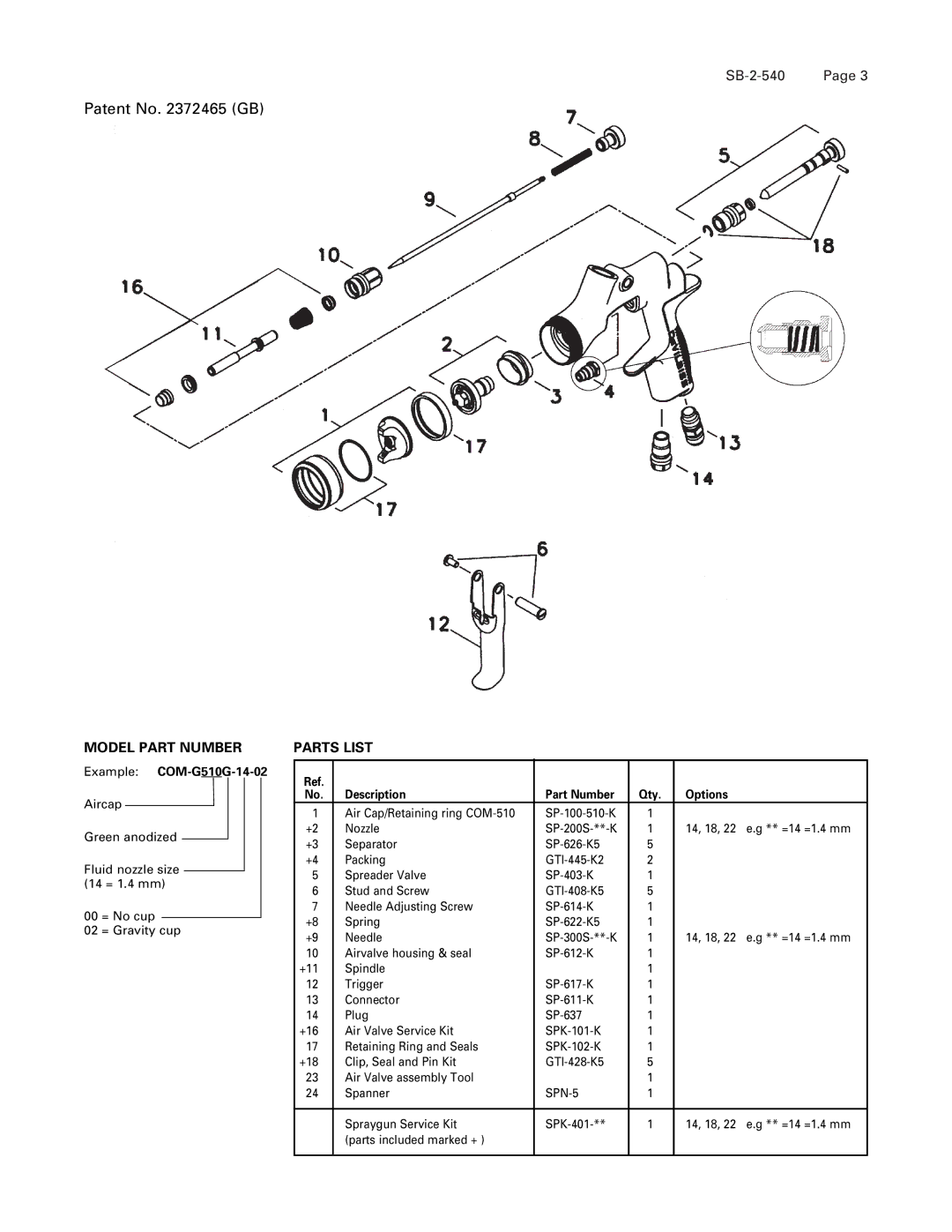 DeVillbiss Air Power Company SB-2-540 operation manual Example COM-G510G-14-02, Description Part Number, Options, Qty 