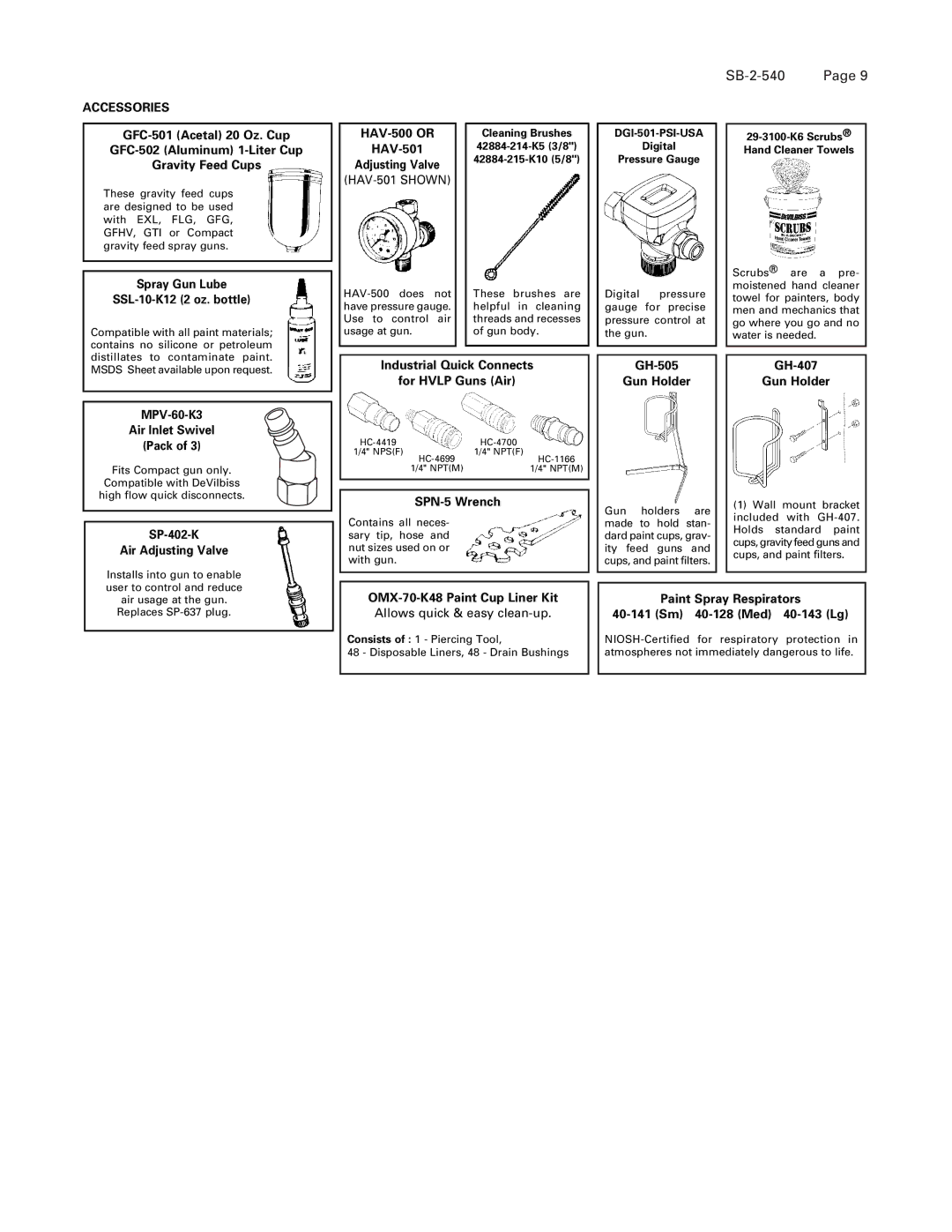 DeVillbiss Air Power Company SB-2-540 operation manual Accessories 