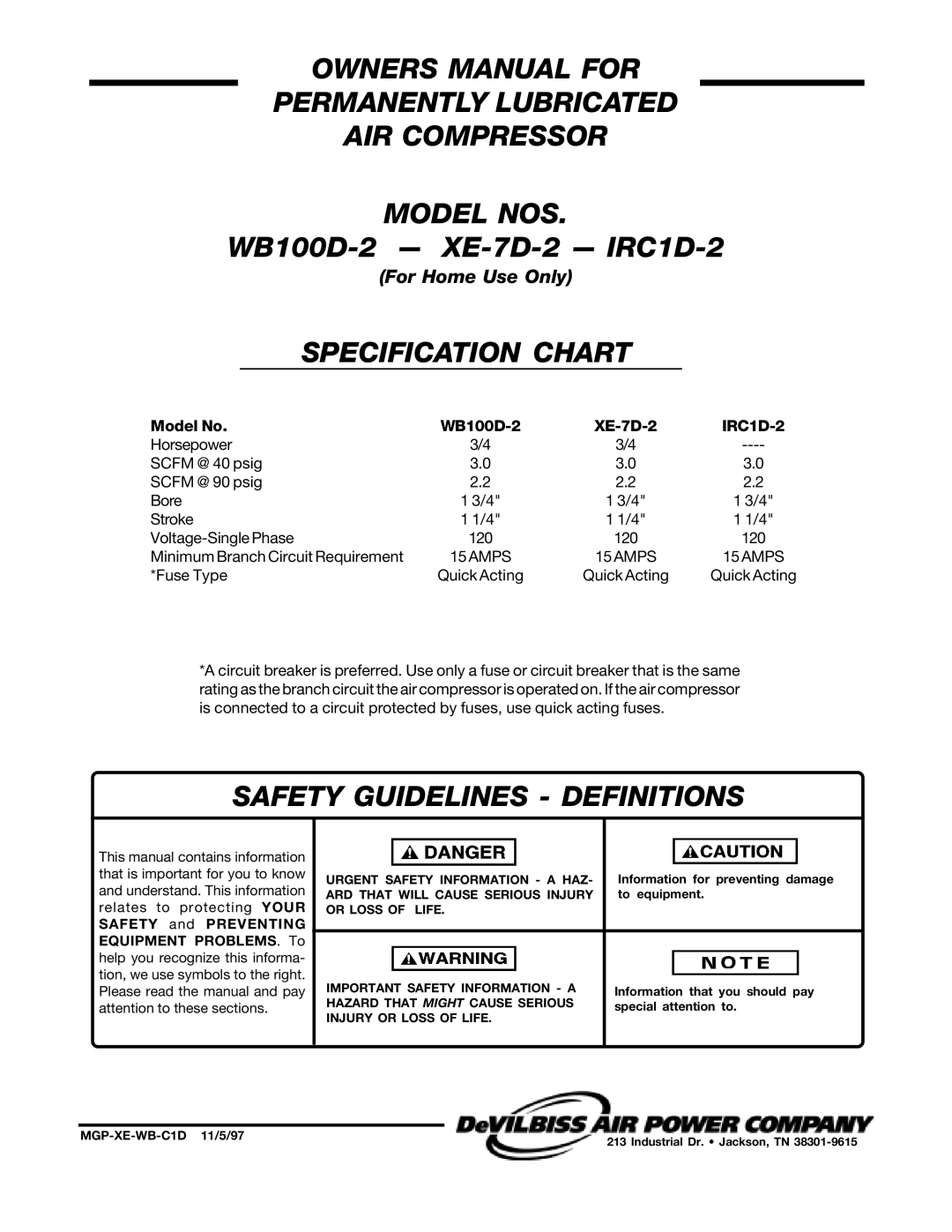 DeVillbiss Air Power Company WB100D-2 owner manual Permanently Lubricated AIR Compressor Model NOS, Specification Chart 