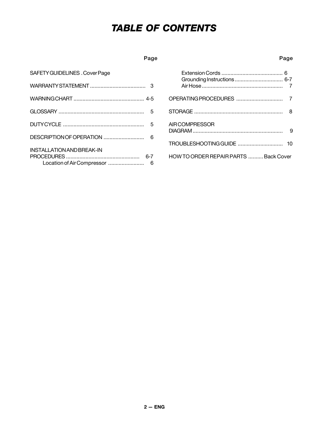 DeVillbiss Air Power Company MGP-XE-WB-C1D, SP-100-E, WB100D-2 owner manual Table of Contents 