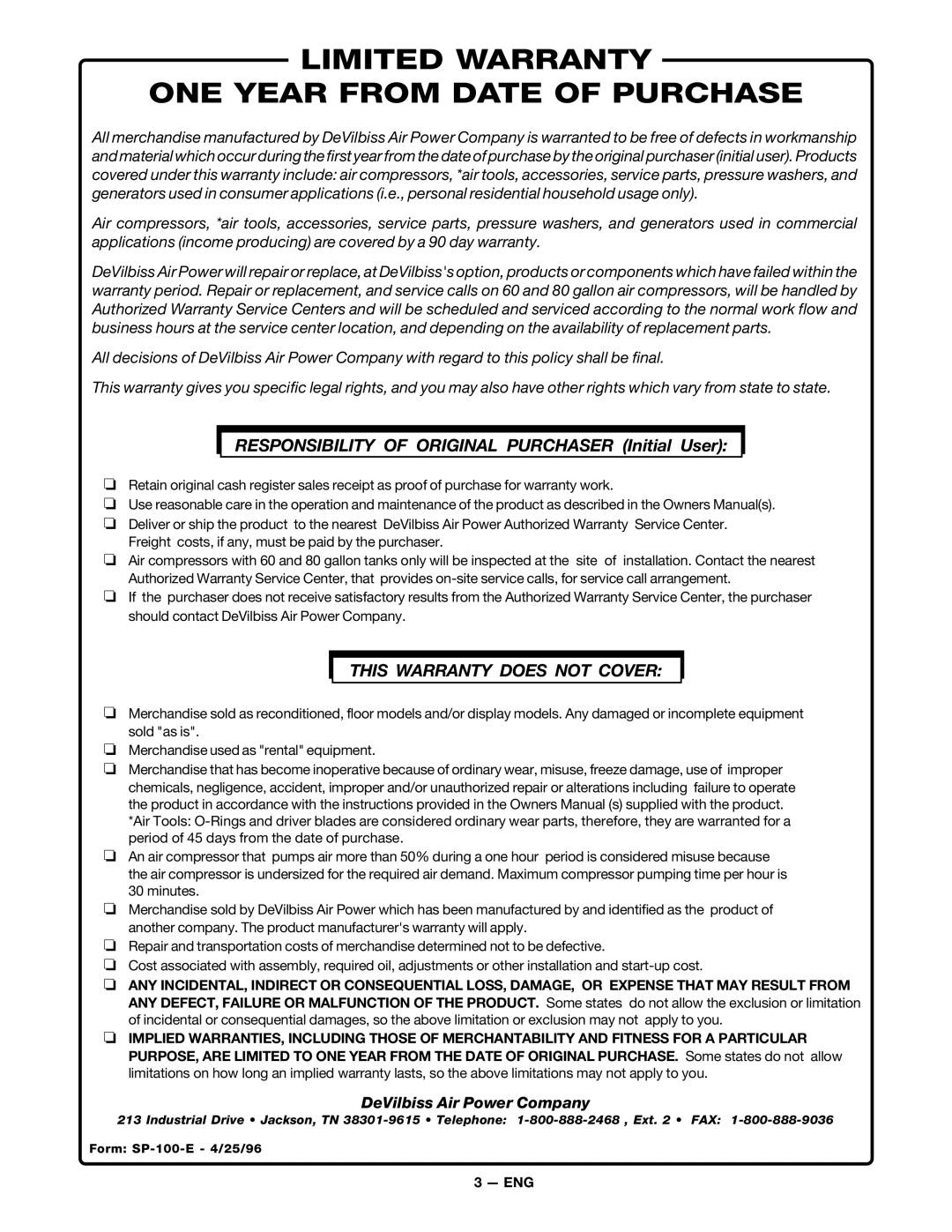 DeVillbiss Air Power Company SP-100-E, WB100D-2, MGP-XE-WB-C1D owner manual Limited Warranty ONE Year from Date of Purchase 