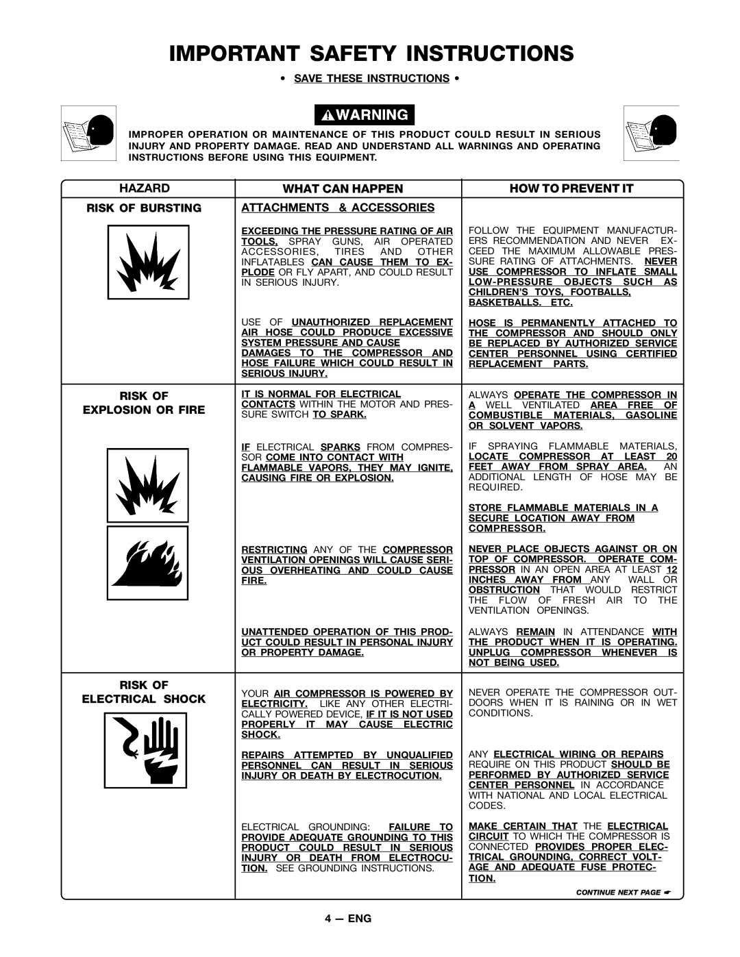 DeVillbiss Air Power Company WB100D-2, SP-100-E, MGP-XE-WB-C1D owner manual Risk, Explosion or Fire, Electrical Shock 