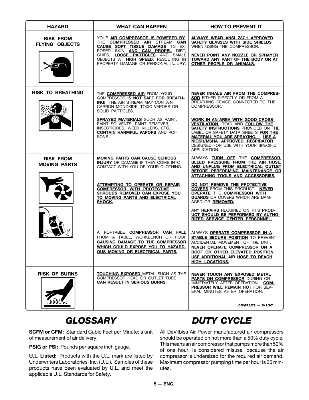 DeVillbiss Air Power Company MGP-XE-WB-C1D, SP-100-E, WB100D-2 owner manual Glossary Duty Cycle 