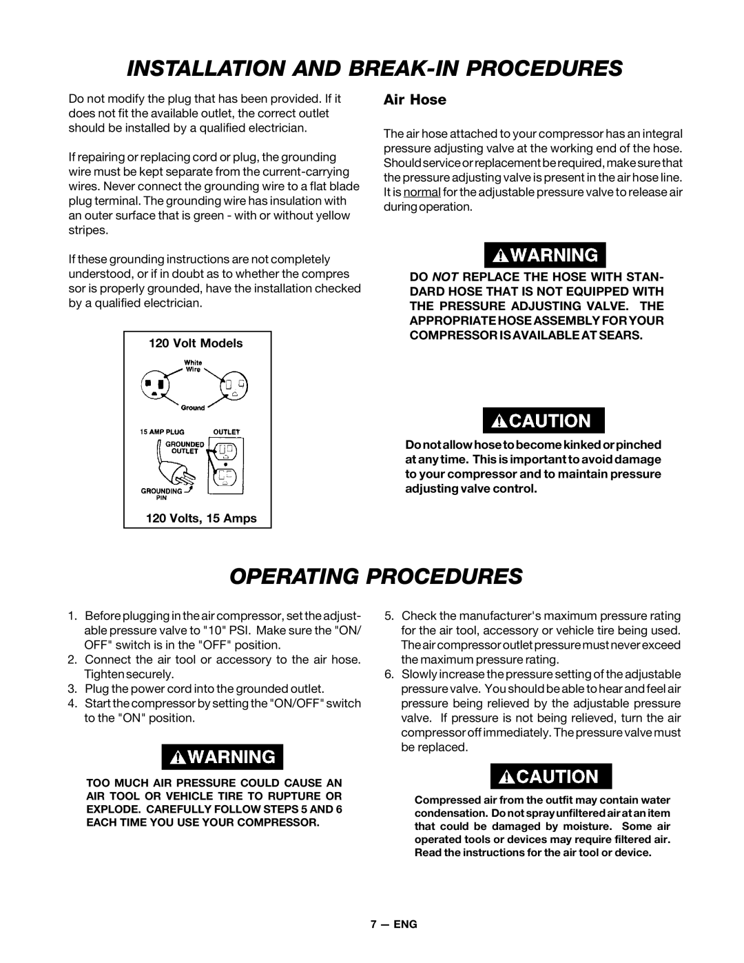 DeVillbiss Air Power Company WB100D-2, SP-100-E, MGP-XE-WB-C1D owner manual Operating Procedures, Air Hose 