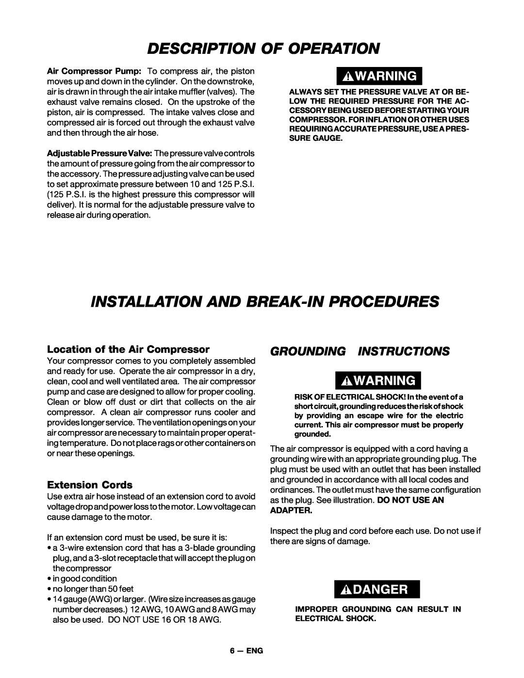 DeVillbiss Air Power Company SP-100-E Description Of Operation, Installation And Break-In Procedures, Extension Cords 