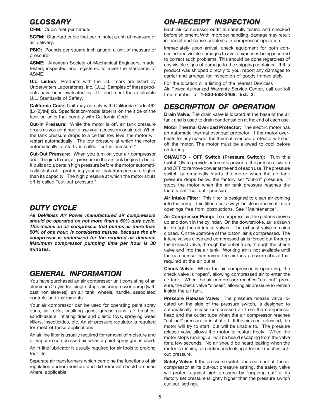 DeVillbiss Air Power Company MG3-OLPORT-3A, SP-100-F Glossary, Duty Cycle, General Information, ON-RECEIPT Inspection 