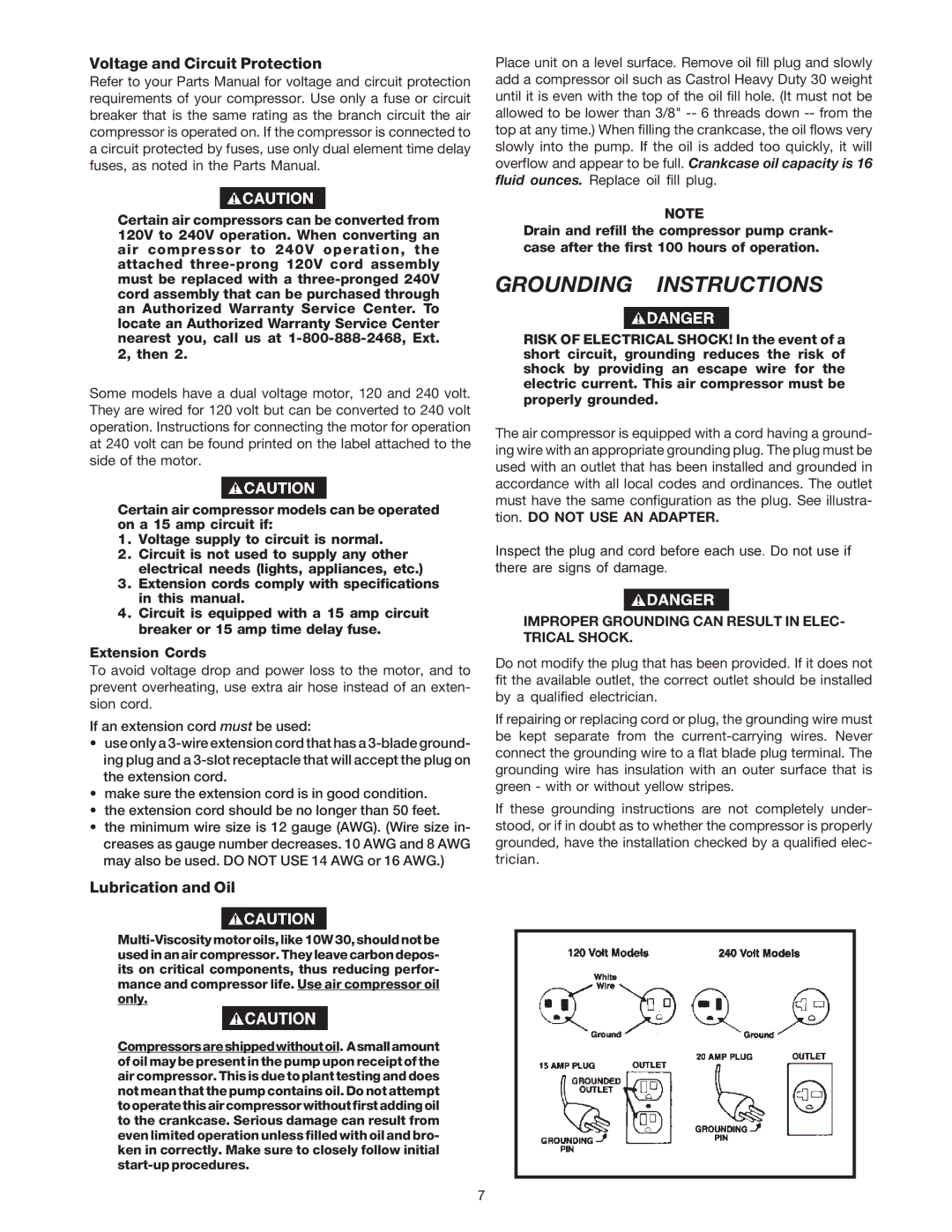 DeVillbiss Air Power Company MG3-OLPORT-3A Grounding Instructions, Voltage and Circuit Protection, Lubrication and Oil 