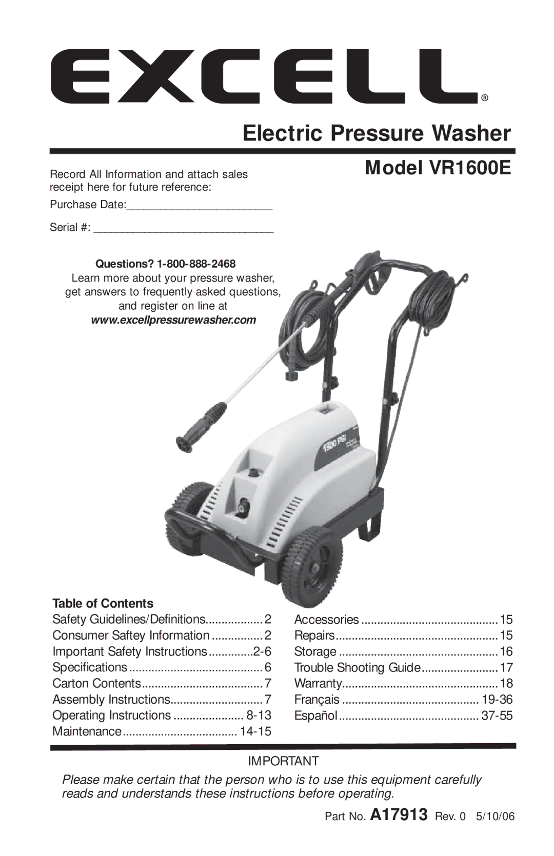 DeVillbiss Air Power Company A17913, VR1600E important safety instructions Electric Pressure Washer, Table of Contents 