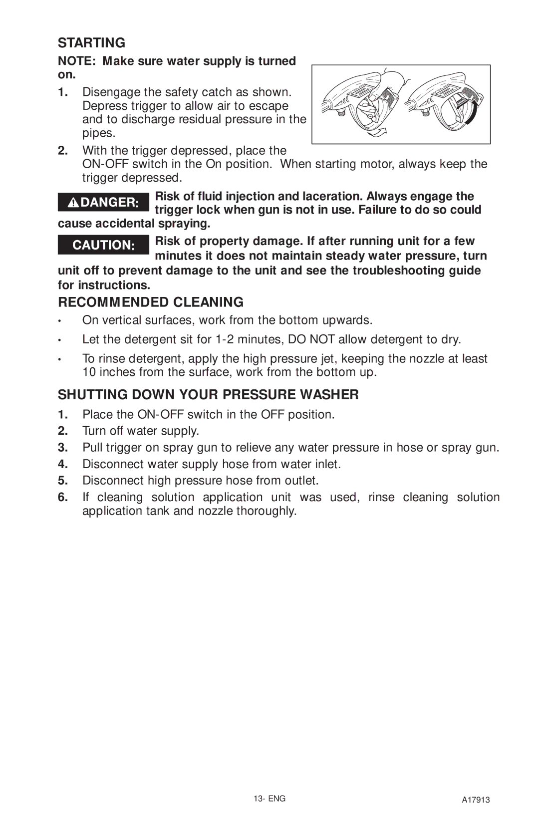 DeVillbiss Air Power Company A17913, VR1600E Starting, Recommended Cleaning, Shutting Down Your Pressure Washer 