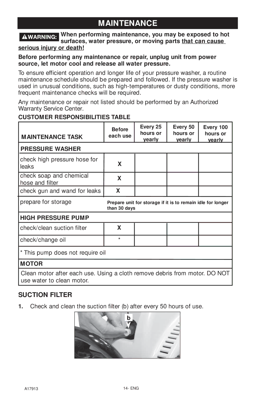 DeVillbiss Air Power Company VR1600E, A17913 important safety instructions Maintenance, Suction Filter 