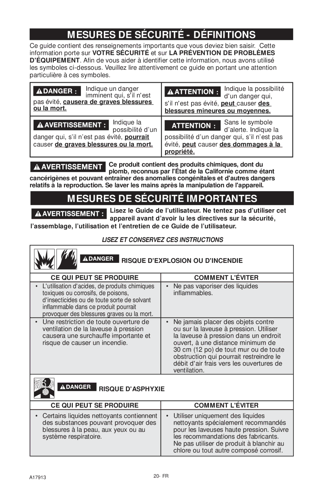 DeVillbiss Air Power Company VR1600E, A17913 Mesures DE Sécurité Définitions, Mesures DE Sécurité Importantes, Propriété 