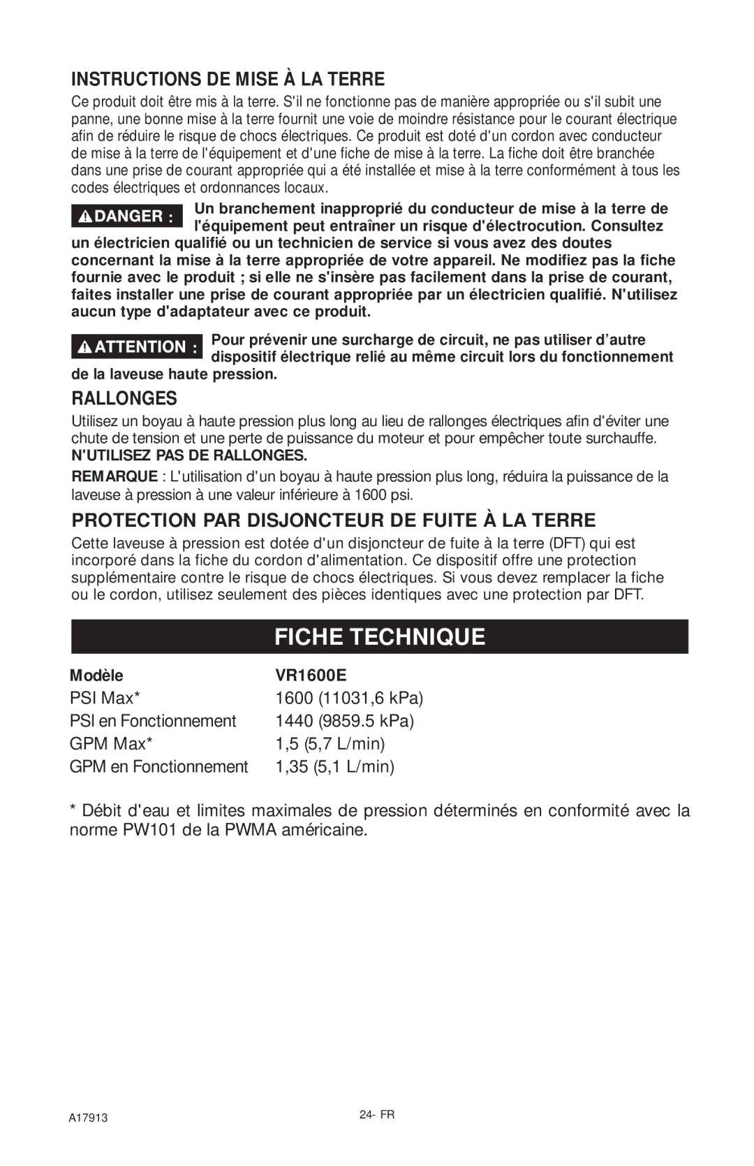 DeVillbiss Air Power Company VR1600E, A17913 Fiche Technique, Instructions DE Mise À LA Terre, Rallonges 