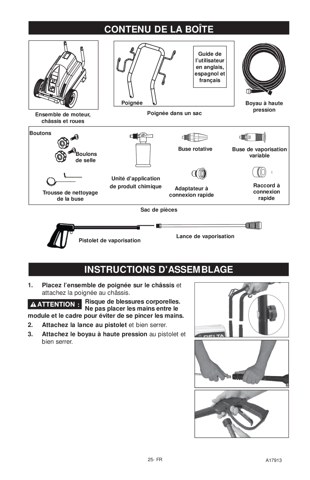 DeVillbiss Air Power Company A17913, VR1600E important safety instructions Contenu DE LA Boîte, Instructions Dassemblage 