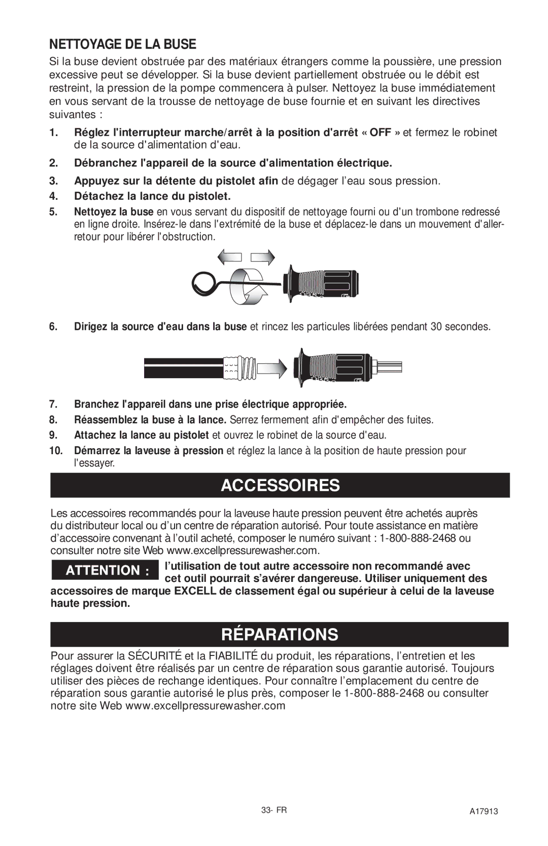 DeVillbiss Air Power Company A17913, VR1600E important safety instructions Accessoires, Réparations, Nettoyage DE LA Buse 