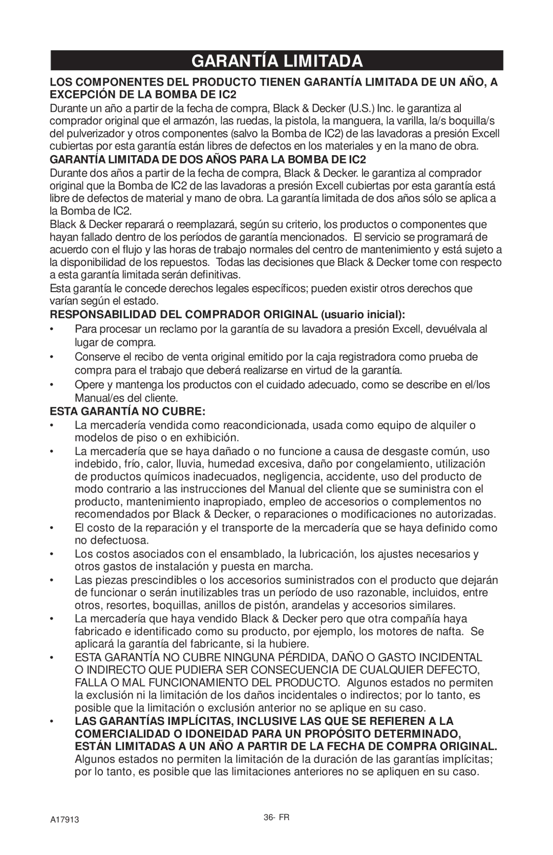 DeVillbiss Air Power Company VR1600E, A17913 Garantía Limitada, Responsabilidad DEL Comprador Original usuario inicial 