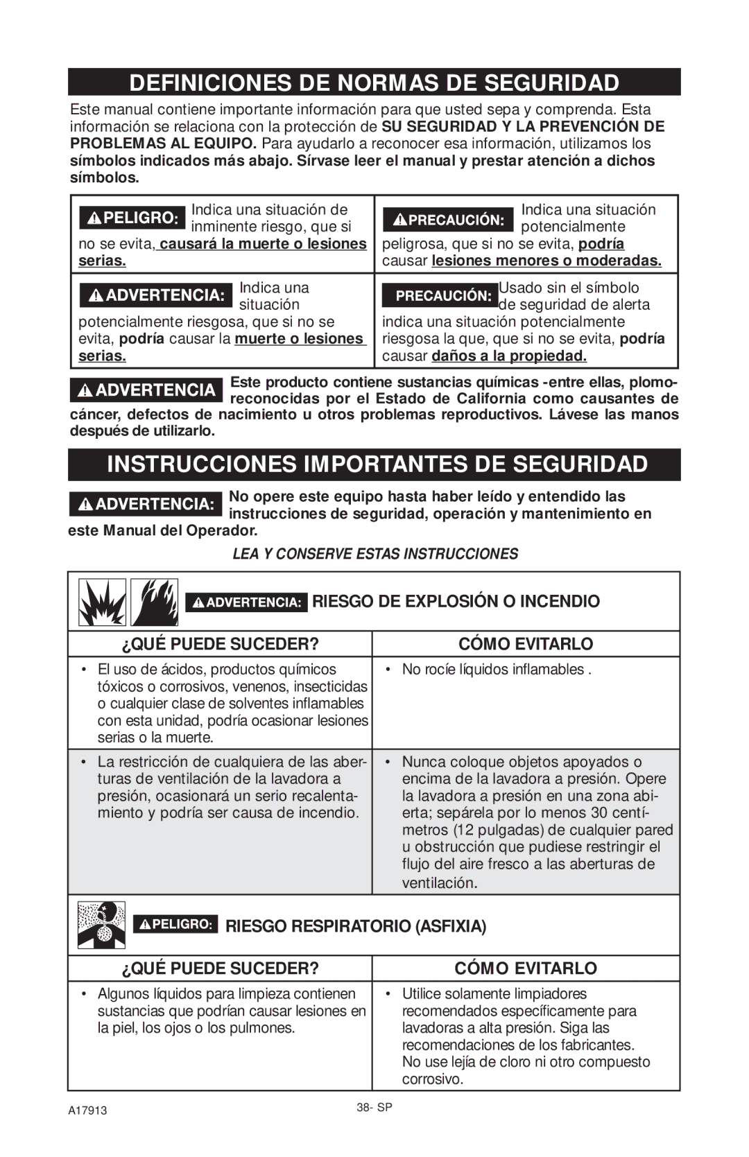 DeVillbiss Air Power Company VR1600E, A17913 Definiciones DE Normas DE Seguridad, Instrucciones Importantes DE Seguridad 