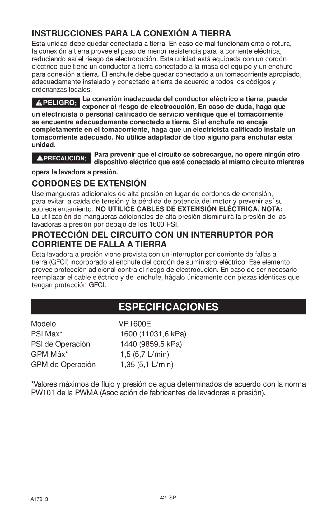 DeVillbiss Air Power Company VR1600E Especificaciones, Instrucciones Para LA Conexión a Tierra, Cordones DE Extensión 