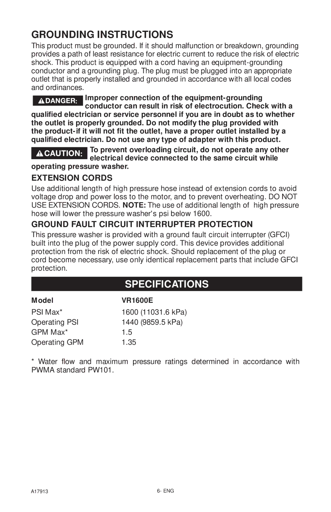 DeVillbiss Air Power Company VR1600E, A17913 Specifications, Extension Cords, Ground Fault Circuit Interrupter Protection 