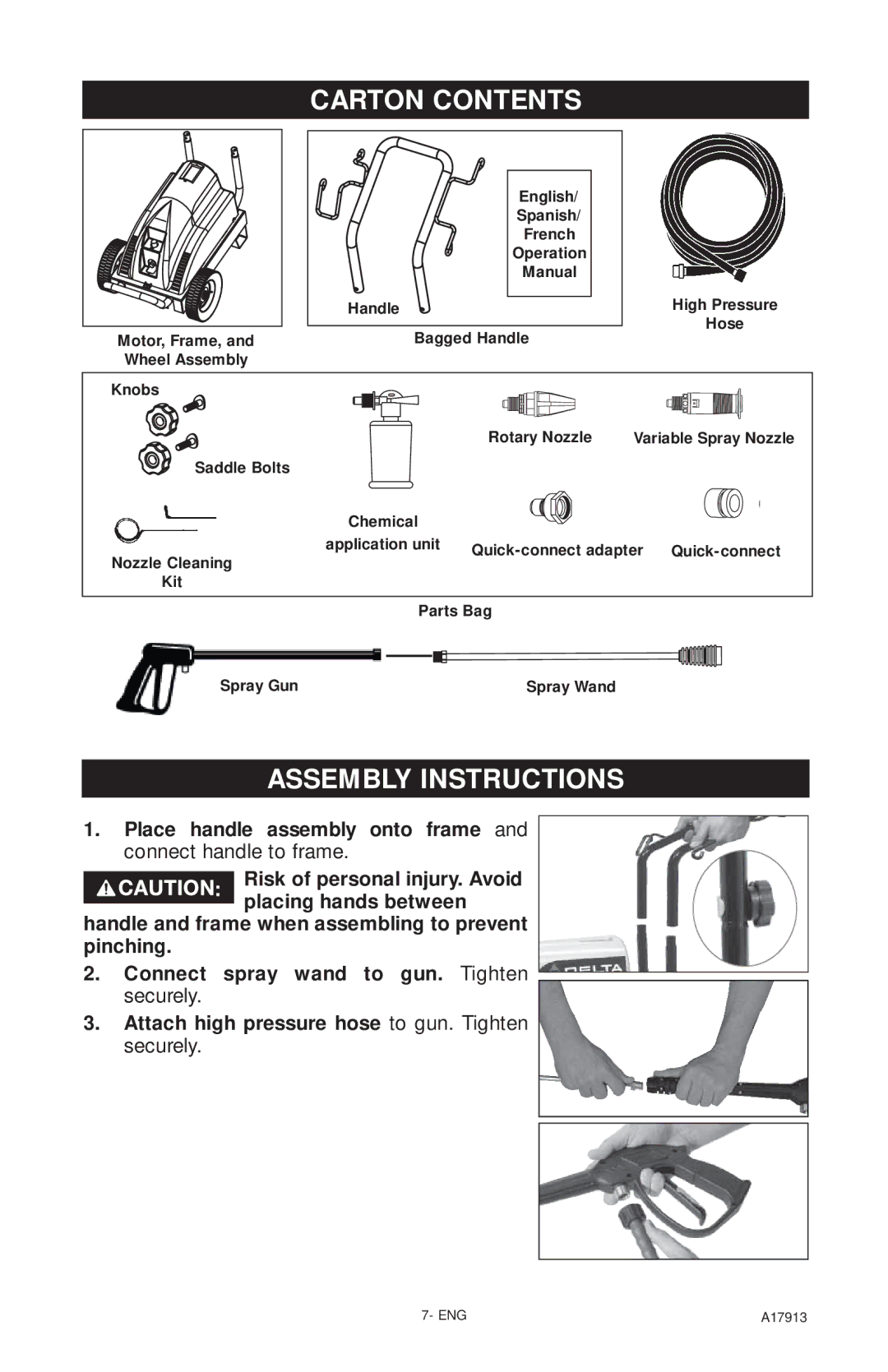 DeVillbiss Air Power Company A17913, VR1600E important safety instructions Carton Contents, Assembly Instructions 