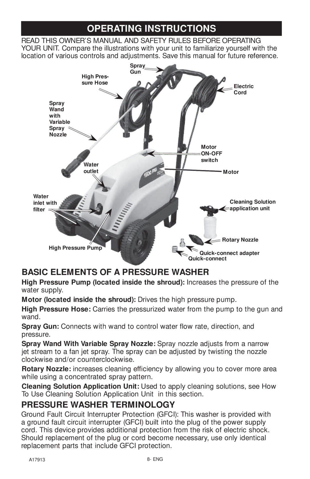 DeVillbiss Air Power Company VR1600E, A17913 important safety instructions Operating Instructions, On-Off 