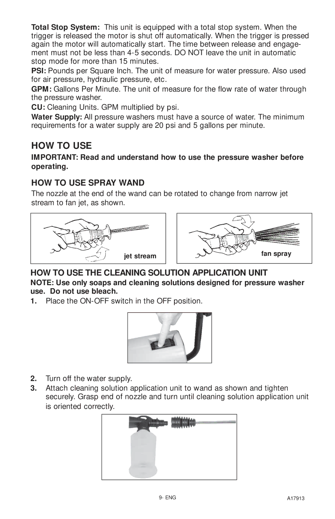 DeVillbiss Air Power Company A17913, VR1600E HOW to USE Spray Wand, HOW to USE the Cleaning Solution Application Unit 