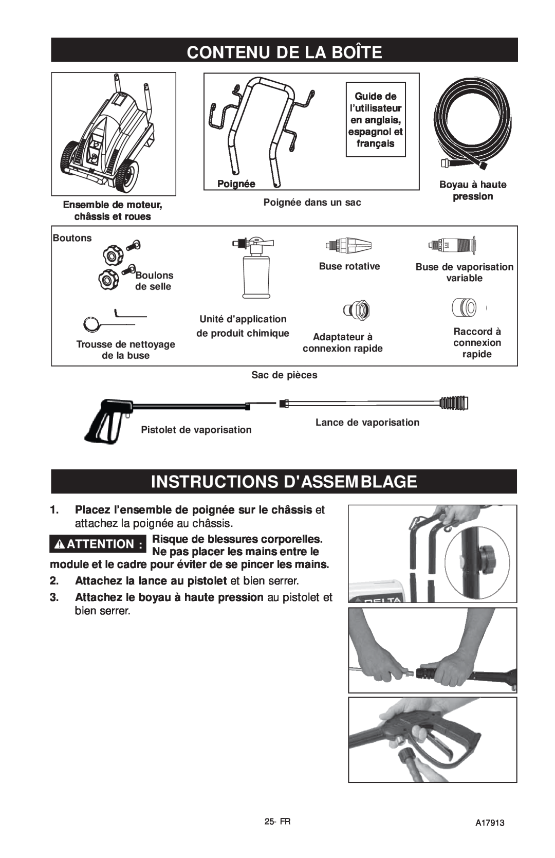 DeVillbiss Air Power Company A17913, VR1600E important safety instructions Contenu De La Boîte, Instructions Dassemblage 
