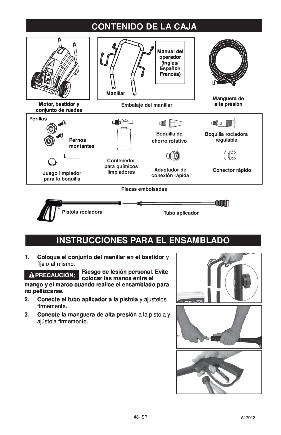 DeVillbiss Air Power Company A17913 Contenido De La Caja, Instrucciones Para El Ensamblado, Manual del, Español, Manillar 