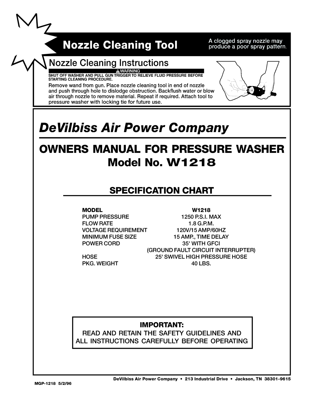 DeVillbiss Air Power Company MGP-1218 owner manual Model, W1218 