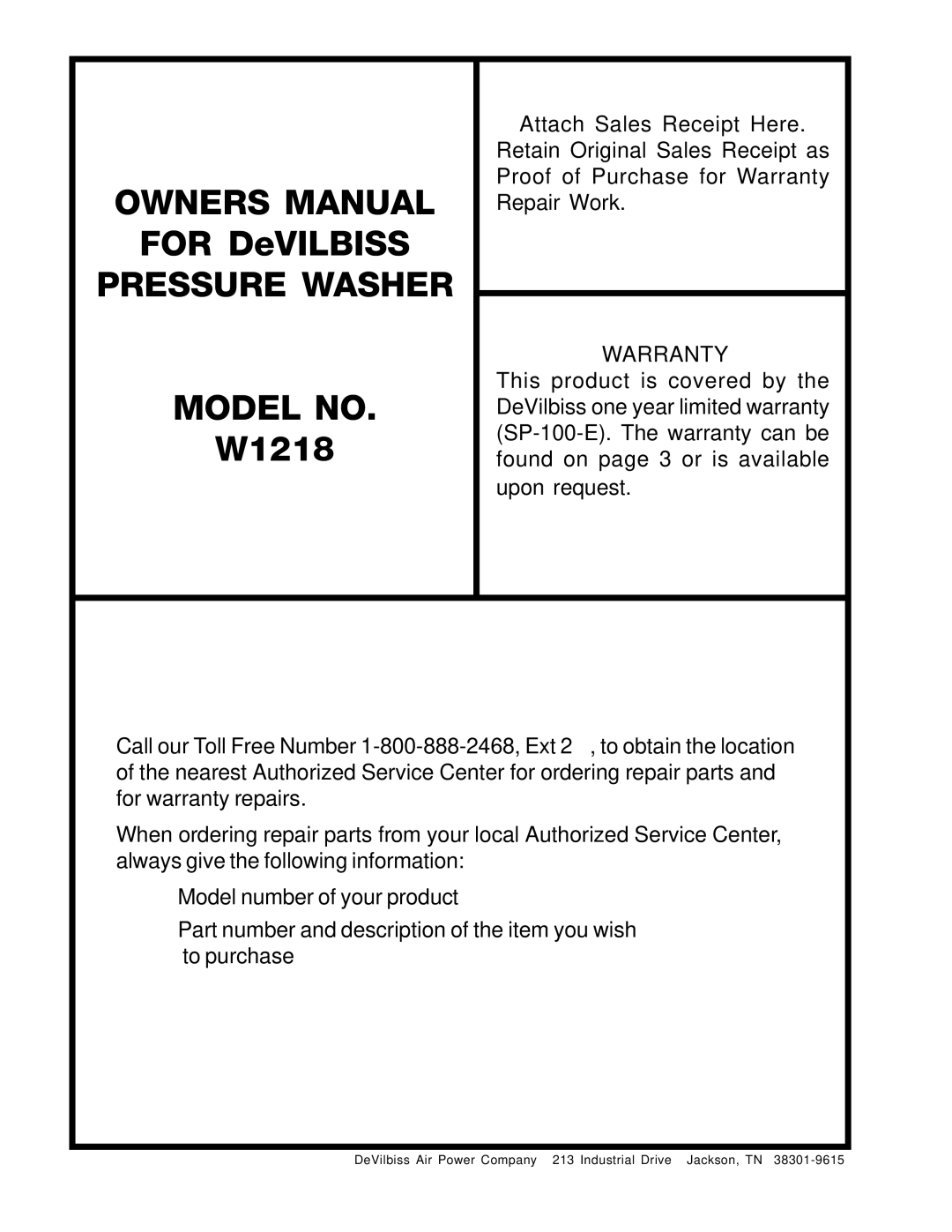 DeVillbiss Air Power Company W1218, MGP-1218 owner manual Pressure Washer Model no 