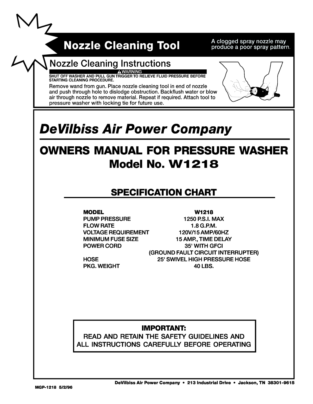 DeVillbiss Air Power Company MGP-1218 owner manual Model No. W1218, Specification Chart 