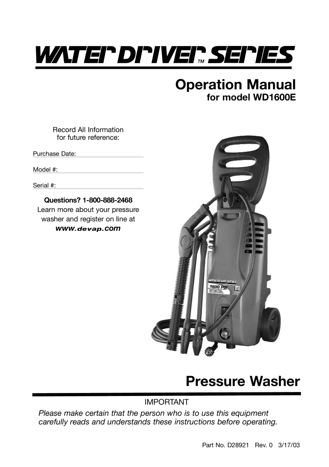 DeVillbiss Air Power Company D28921, WD1600E operation manual Pressure Washer 