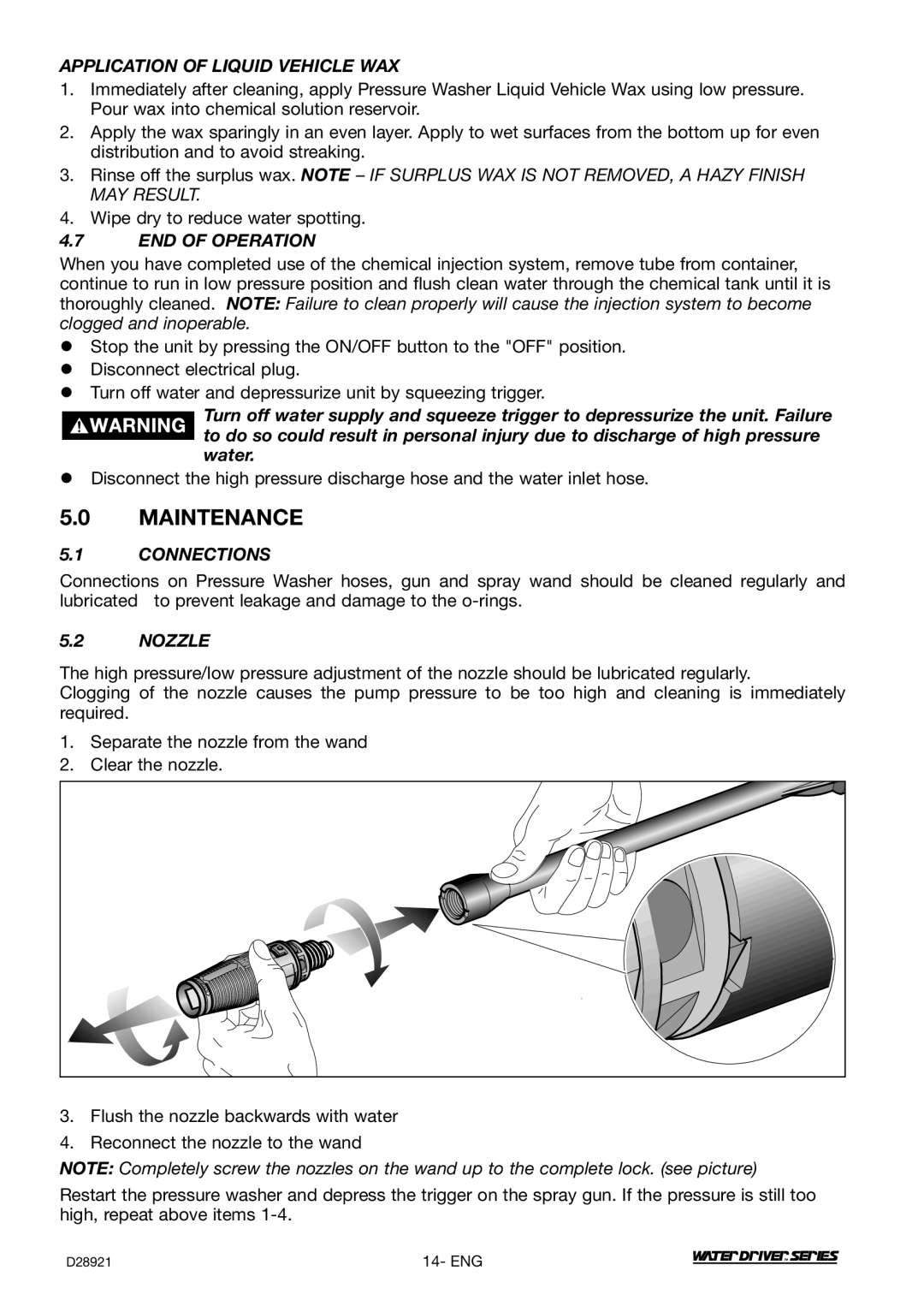 DeVillbiss Air Power Company WD1600E Maintenance, Application of Liquid Vehicle WAX, END of Operation, Connections, Nozzle 