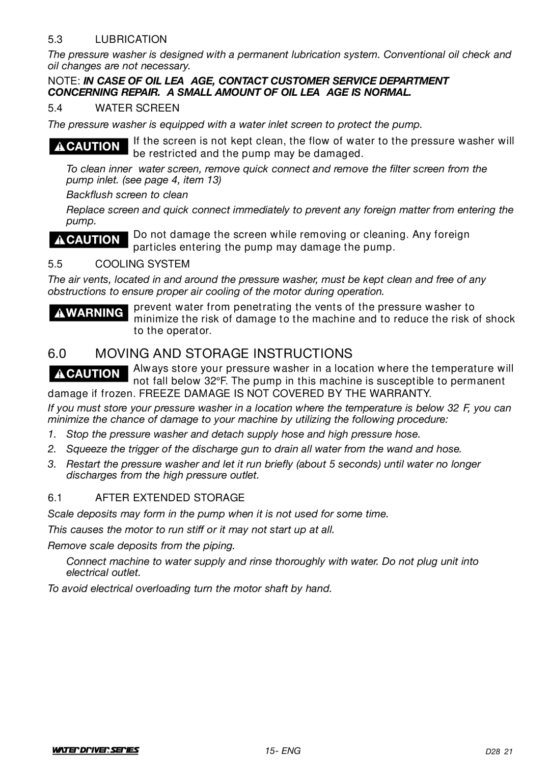 DeVillbiss Air Power Company D28921, WD1600E Moving and Storage Instructions, Lubrication, Water Screen, Cooling System 