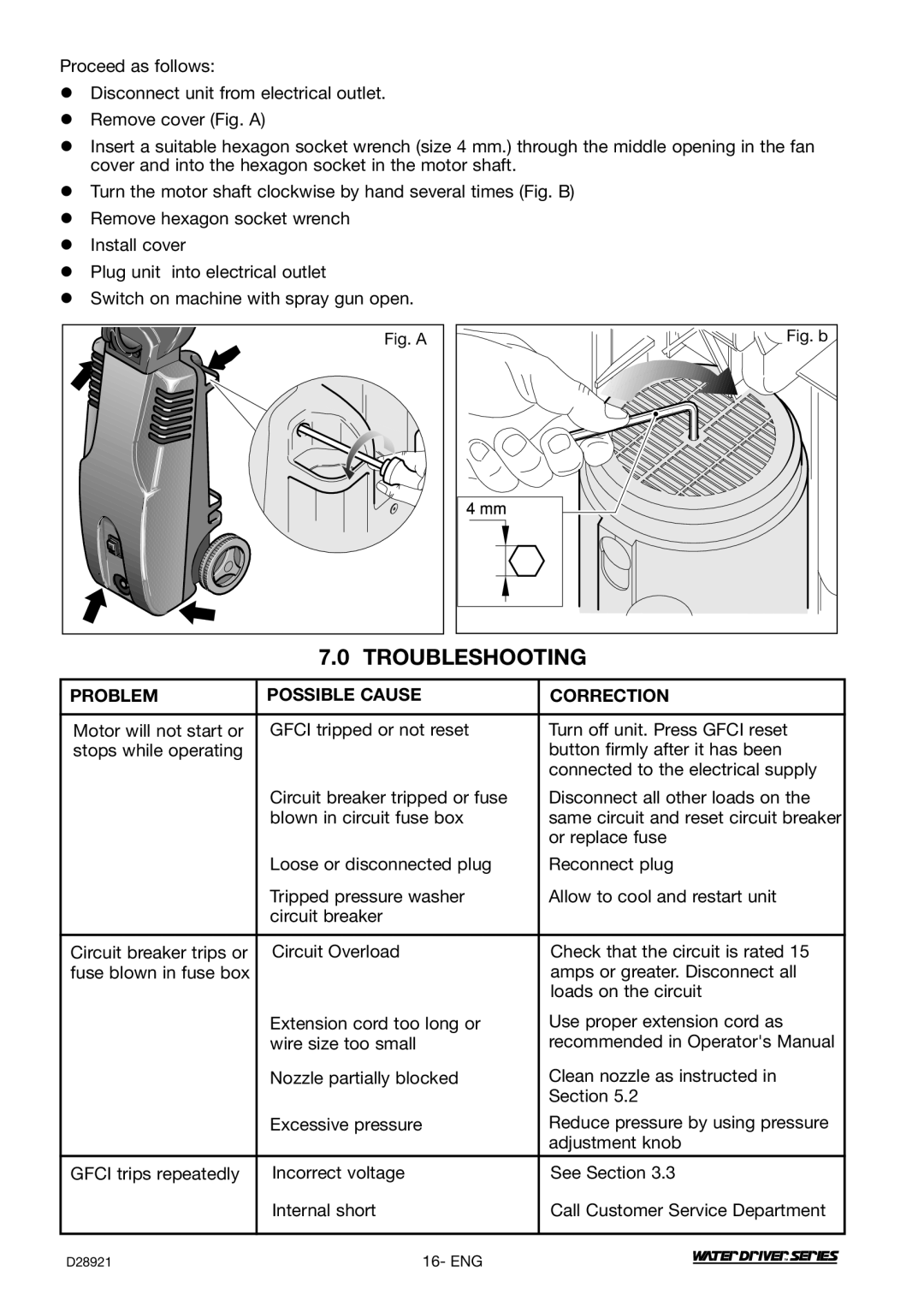 DeVillbiss Air Power Company WD1600E, D28921 operation manual Troubleshooting, Problem Possible Cause Correction 