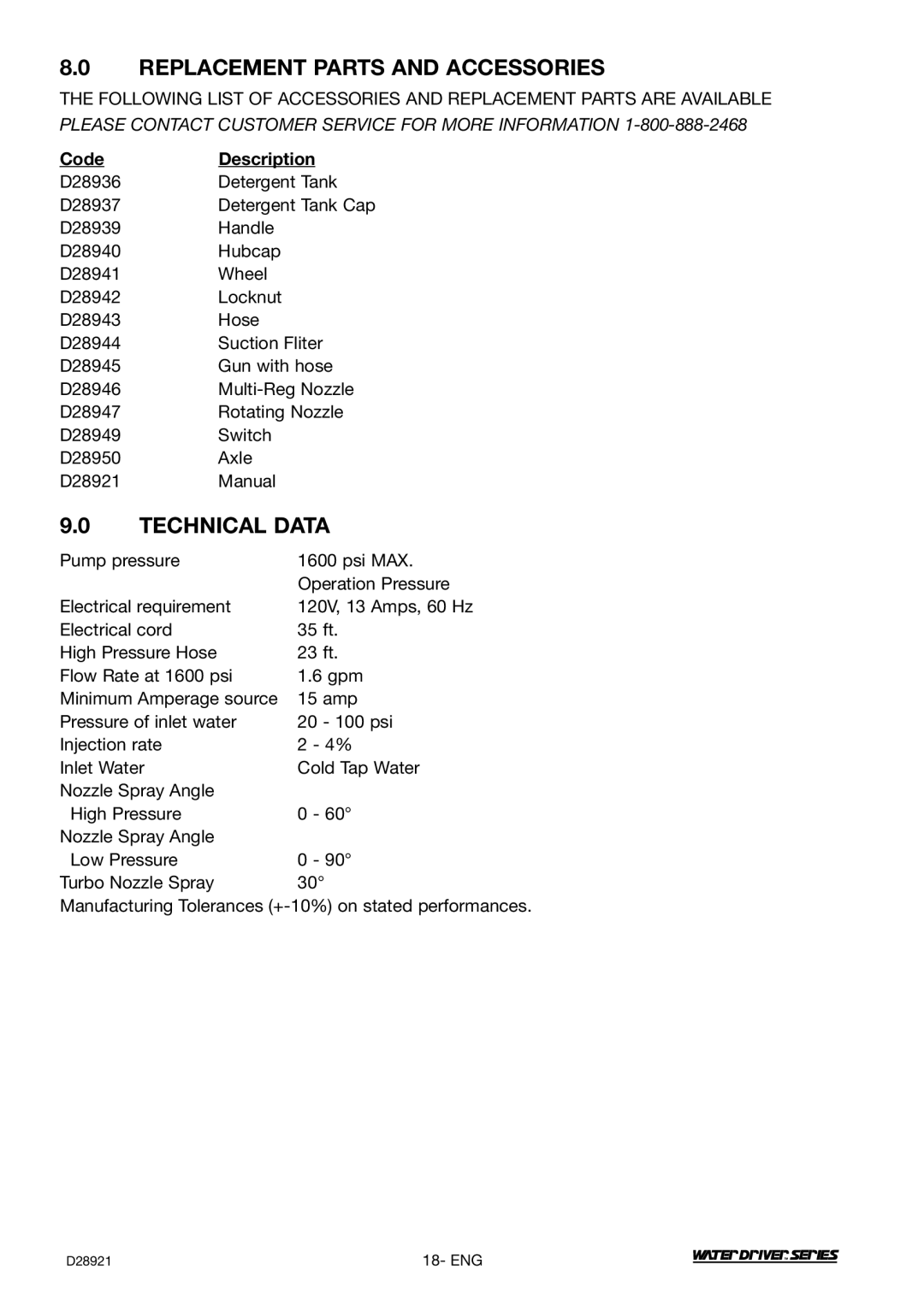 DeVillbiss Air Power Company WD1600E, D28921 operation manual Replacement Parts and Accessories, Technical Data 