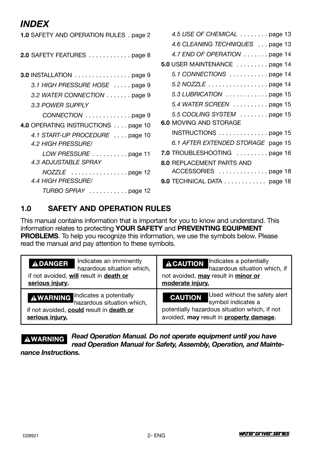 DeVillbiss Air Power Company WD1600E, D28921 operation manual Index, Safety and Operation Rules 