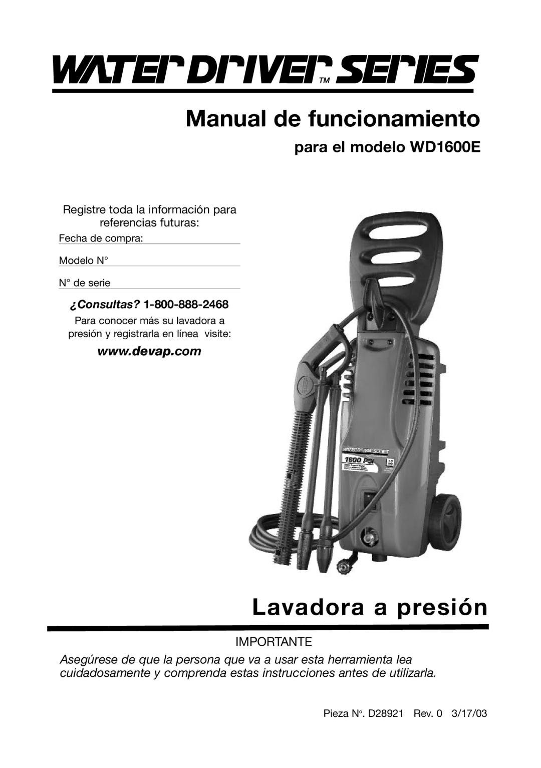 DeVillbiss Air Power Company D28921, WD1600E operation manual Manual de funcionamiento 