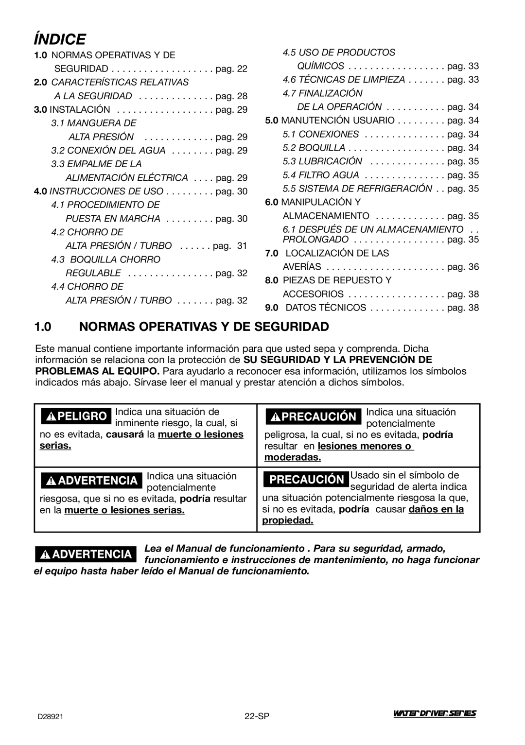 DeVillbiss Air Power Company WD1600E, D28921 operation manual Normas Operativas Y DE Seguridad 