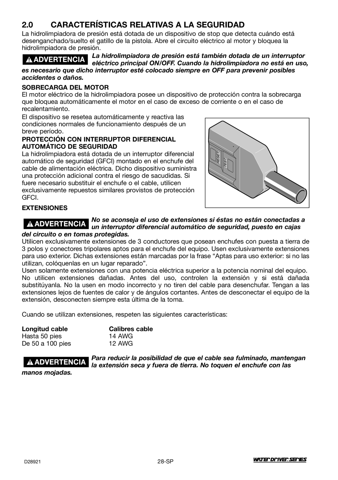 DeVillbiss Air Power Company WD1600E, D28921 Características Relativas a LA Seguridad, Sobrecarga DEL Motor, Extensiones 