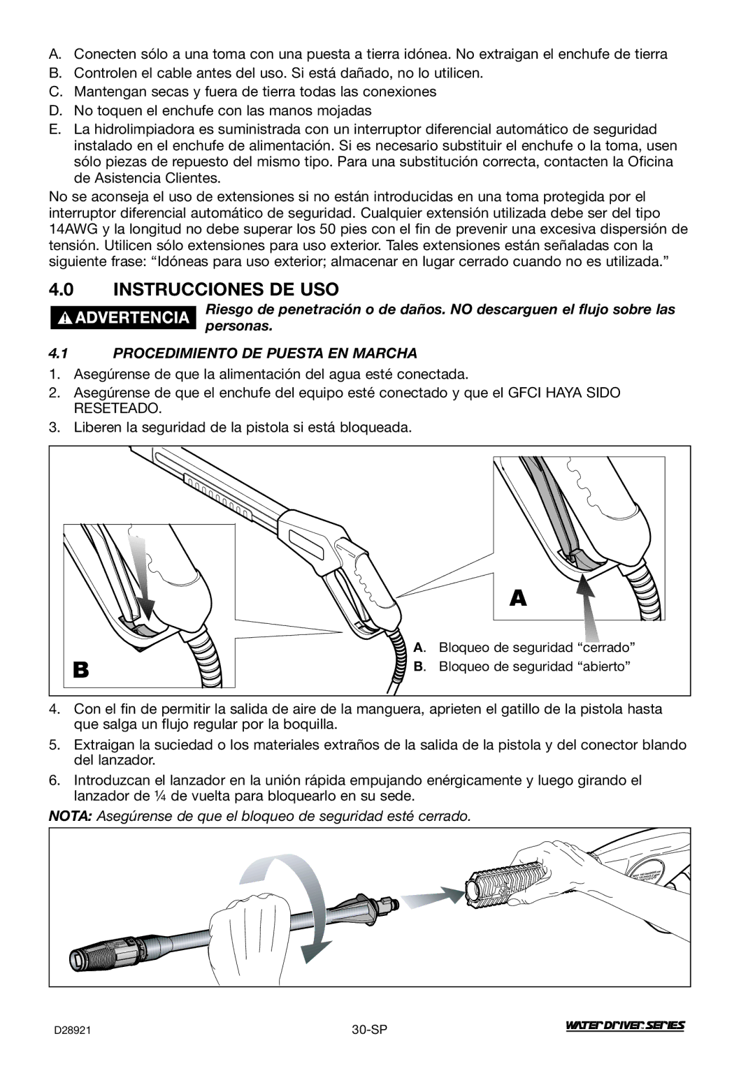 DeVillbiss Air Power Company WD1600E Instrucciones DE USO, Procedimiento DE Puesta EN Marcha, Bloqueo de seguridad cerrado 