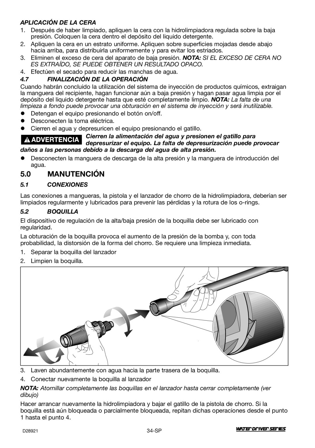 DeVillbiss Air Power Company WD1600E, D28921 Manutención, Aplicación DE LA Cera, Finalización DE LA Operación, Conexiones 