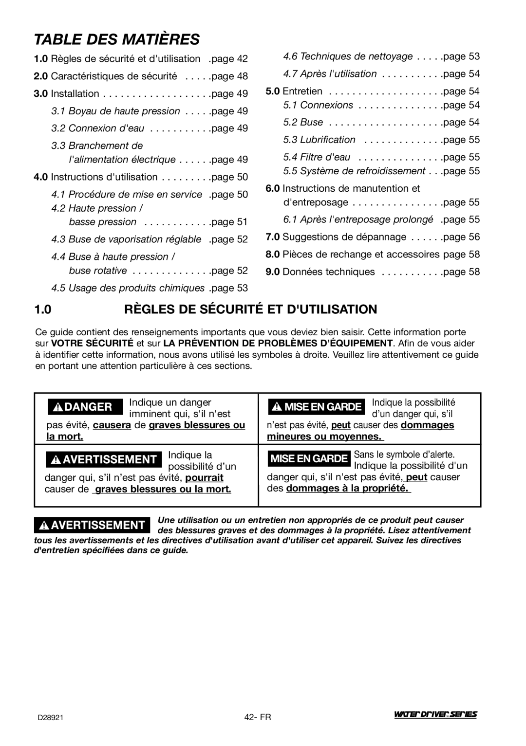 DeVillbiss Air Power Company WD1600E, D28921 operation manual Table DES Matières, Règles DE Sécurité ET Dutilisation 