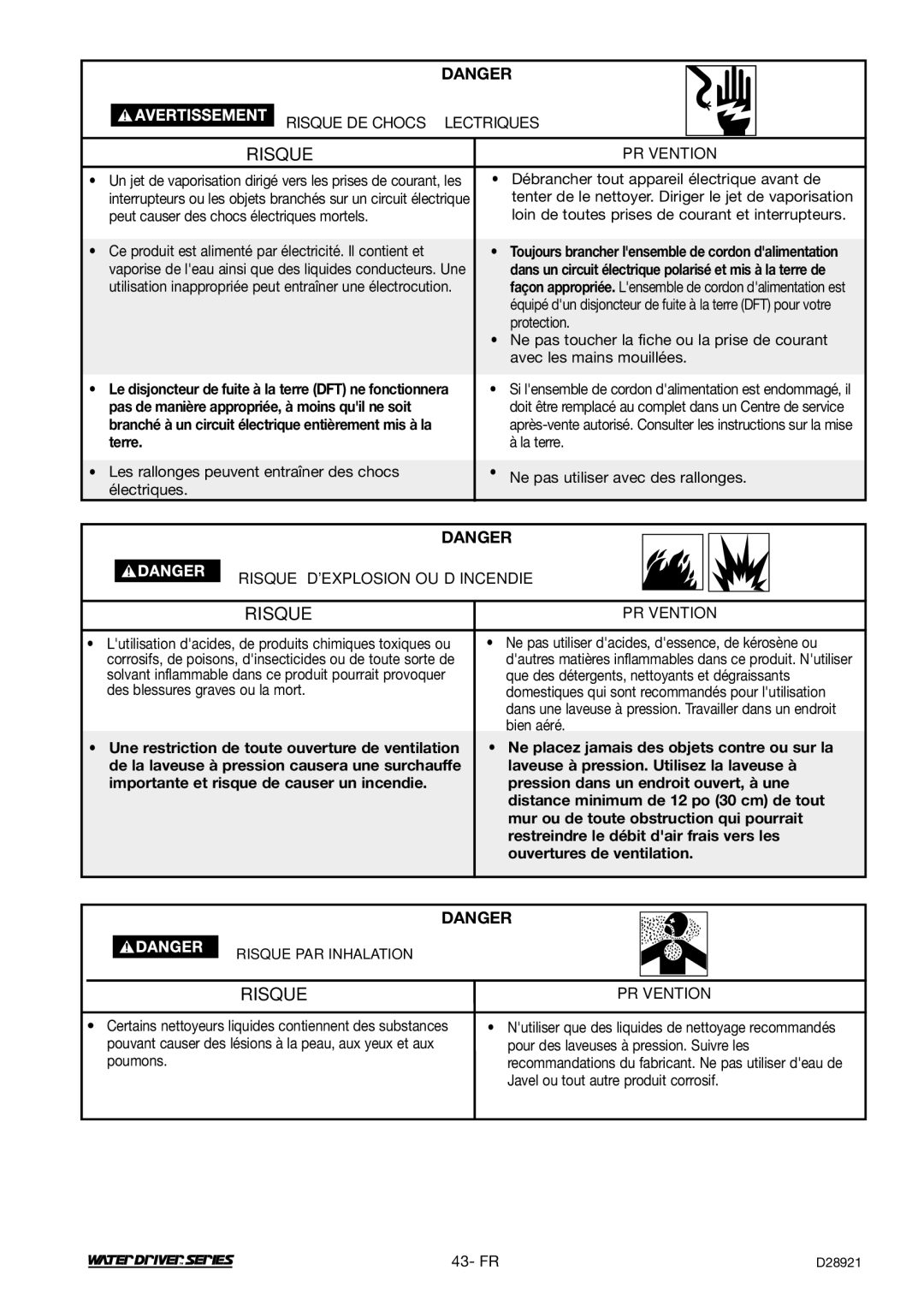 DeVillbiss Air Power Company D28921, WD1600E operation manual Risque, Pas de manière appropriée, à moins quil ne soit, Terre 